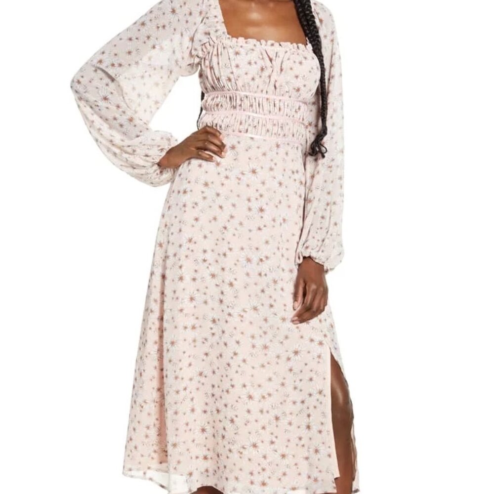 Liza Long Sleeve Smocked Midi Dress Blush Daisy S